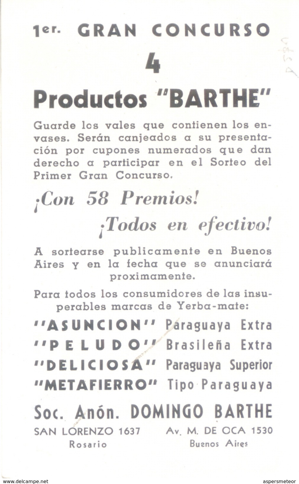 EMBAJADA YERBA ASUNCION CARTE PUBLICITAIRE YERBA MATE ILEX PARAGUAIENSIS RARE SOC. ANOM. DOMINGO BARTHE ARGENTINE - Landbouw