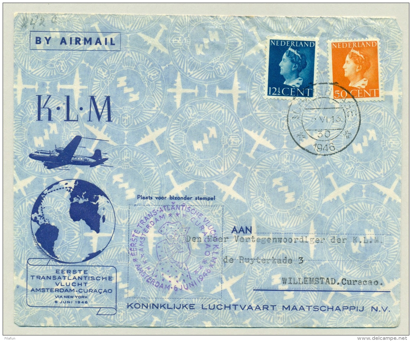 Nederland - 1946 - 12,5 En 50 Cent Konijnenburg Op KLM LP-cover Van 's Gravenhage Naar Willemstad, Special Flight - Brieven En Documenten