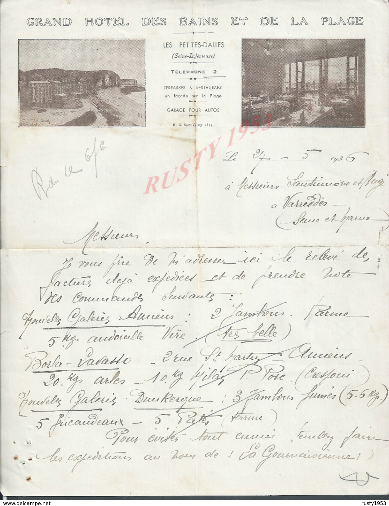 LETTRE COMMERCIALE ILLUSTRÉE DE 1936 GRAND HOTEL DES BAINS & DE LA PLAGE À LES PETITES DALLES : - 1900 – 1949