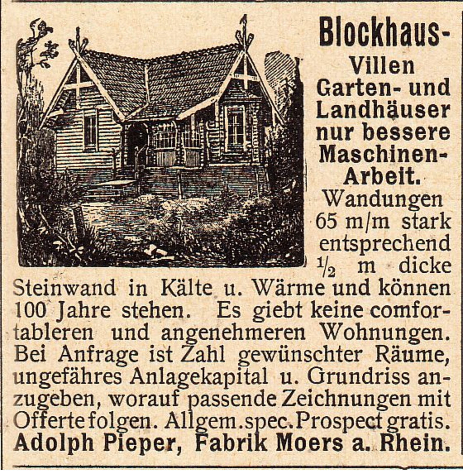 Original-Werbung/ Anzeige 1902 - BLOCKHAUS - VILLEN / ADOLPH PIEPER - MOERS AM RHEIN - Ca. 45 X 45 Mm - Werbung