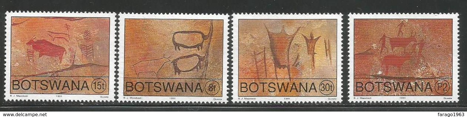 1991 Botswana  Petroglyphs Cave Paintings Art Complete Set Of 4 MNH - Botswana (1966-...)