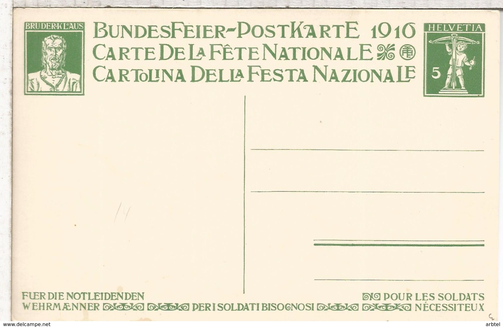 SUIZA ENTERO POSTAL FIESTA NACIONAL 1916 SOLDADO ROMANO LEGIONARIO AGRICULTURA CEREAL - Militaria