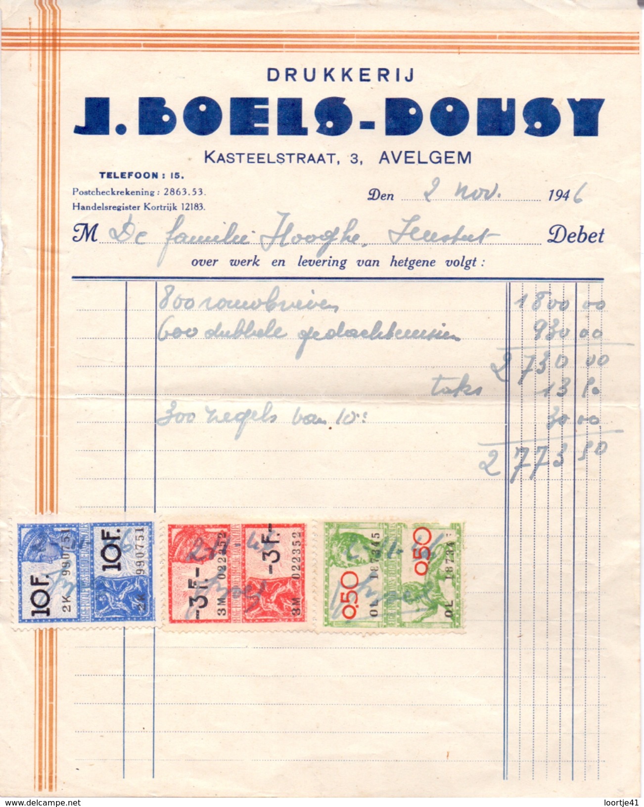 Factuur Facture - Drukkerij J. Boels - Dousy - Avelgem 1946 - Drukkerij & Papieren