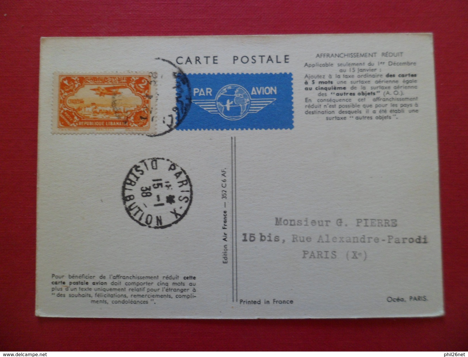 C P Par Avion Air France Liaison Directe Beyrouth-Paris Le 12/1/1938 Tarif Réduit Du 1/12 Au 15/1Grand Liban PA 41   TB - Covers & Documents
