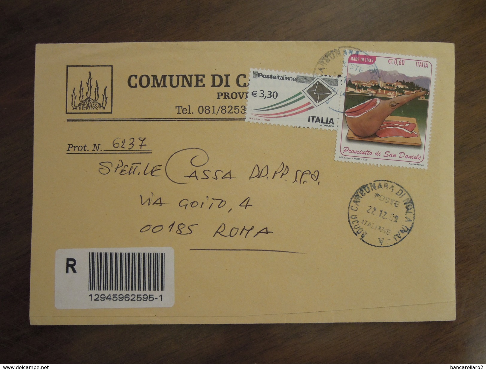 Comuni D' Italia  -  COMUNE DI CARBONARA DI NOLA  -  Busta Raccomandata Del 22 . 12. 09 - 2001-10: Storia Postale