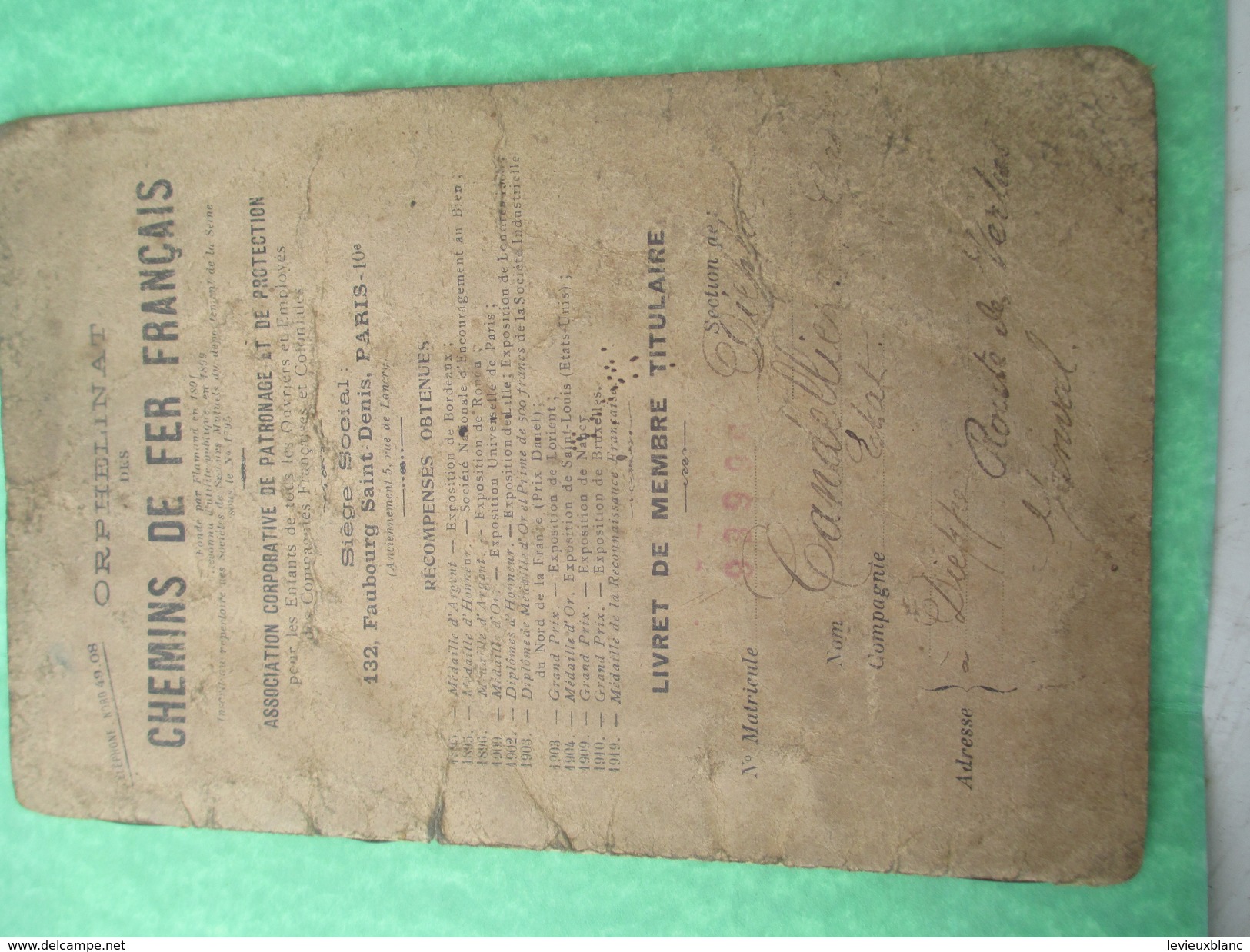 Livret De Membre Titulaire/Orphelinat Des Chemins De Fer Français/Assoc.Corpo. De Patron./Candellier/DIEPPE/1923  TRA37 - Chemin De Fer