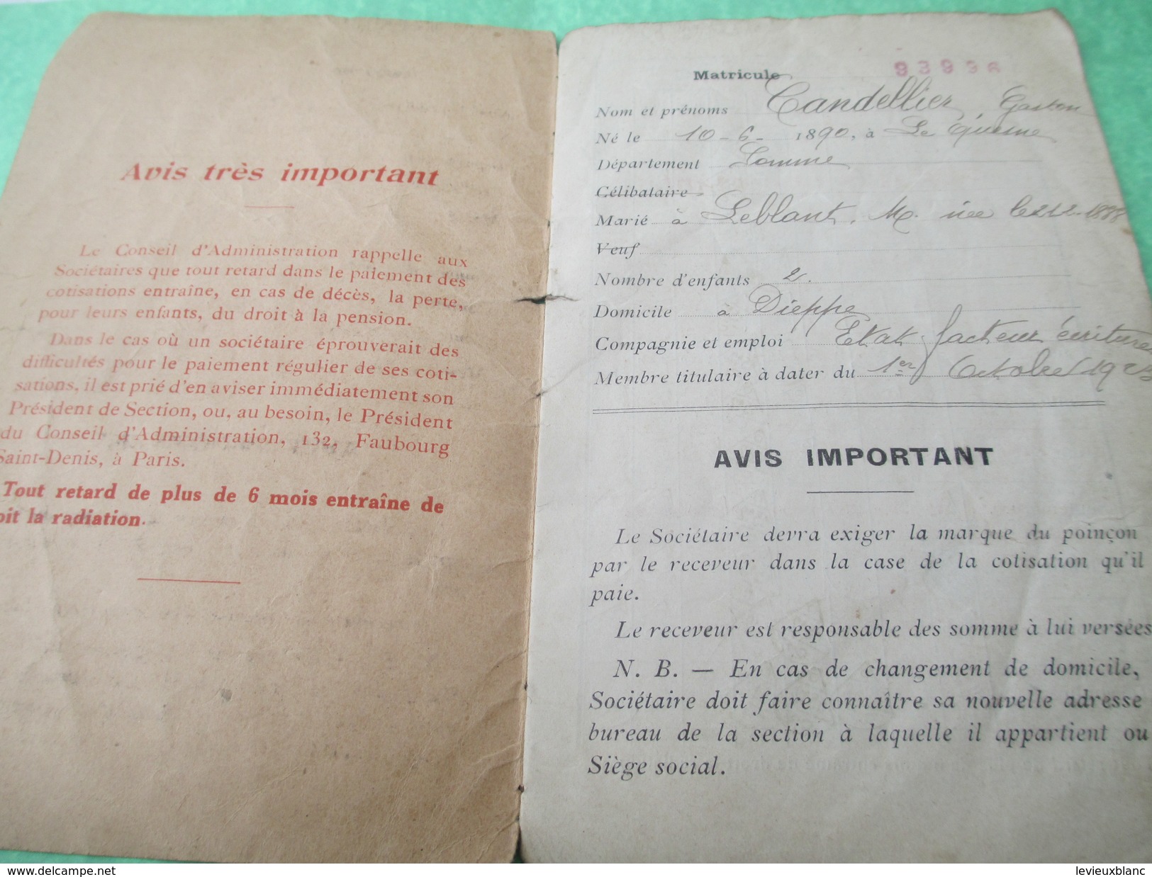 Livret De Membre Titulaire/Orphelinat Des Chemins De Fer Français/Assoc.Corpo. De Patron./Candellier/DIEPPE/1923  TRA37 - Ferrocarril