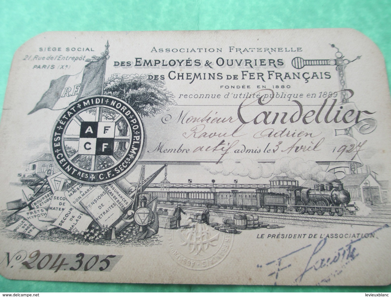 Carte D'Identité/Association Fraternelle Des Employés Et Ouvriers Des Ch. De Fer Français./Candellier/DIEPPE/1927  TRA39 - Chemin De Fer