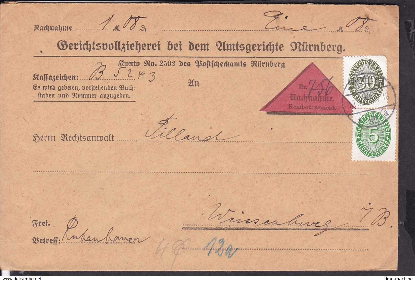 Deutsches Reich Dienstmarken Stempel Nürnberg 1928 Nachnahme - Lettres & Documents