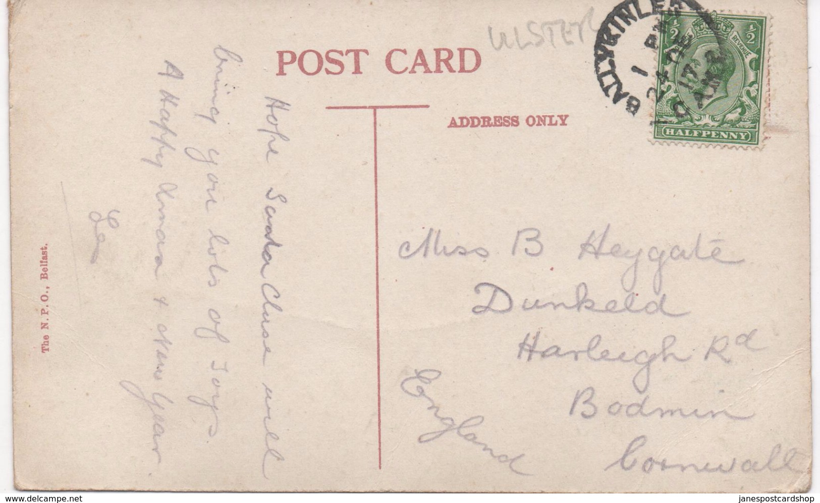 WOODVALE PARK BELFAST - COLOURED CARD By The N.P.O. Belfast With BALLYKINLER CAMP Co. Down - POSTMARK C1917 - Antrim