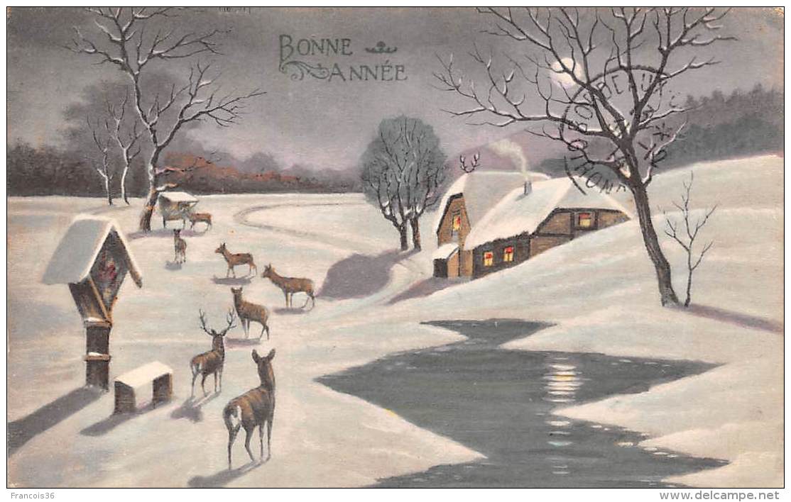 CPA Fantaisie - Bonne Année - Cerf Village Paysage Sous La Neige - Autres & Non Classés