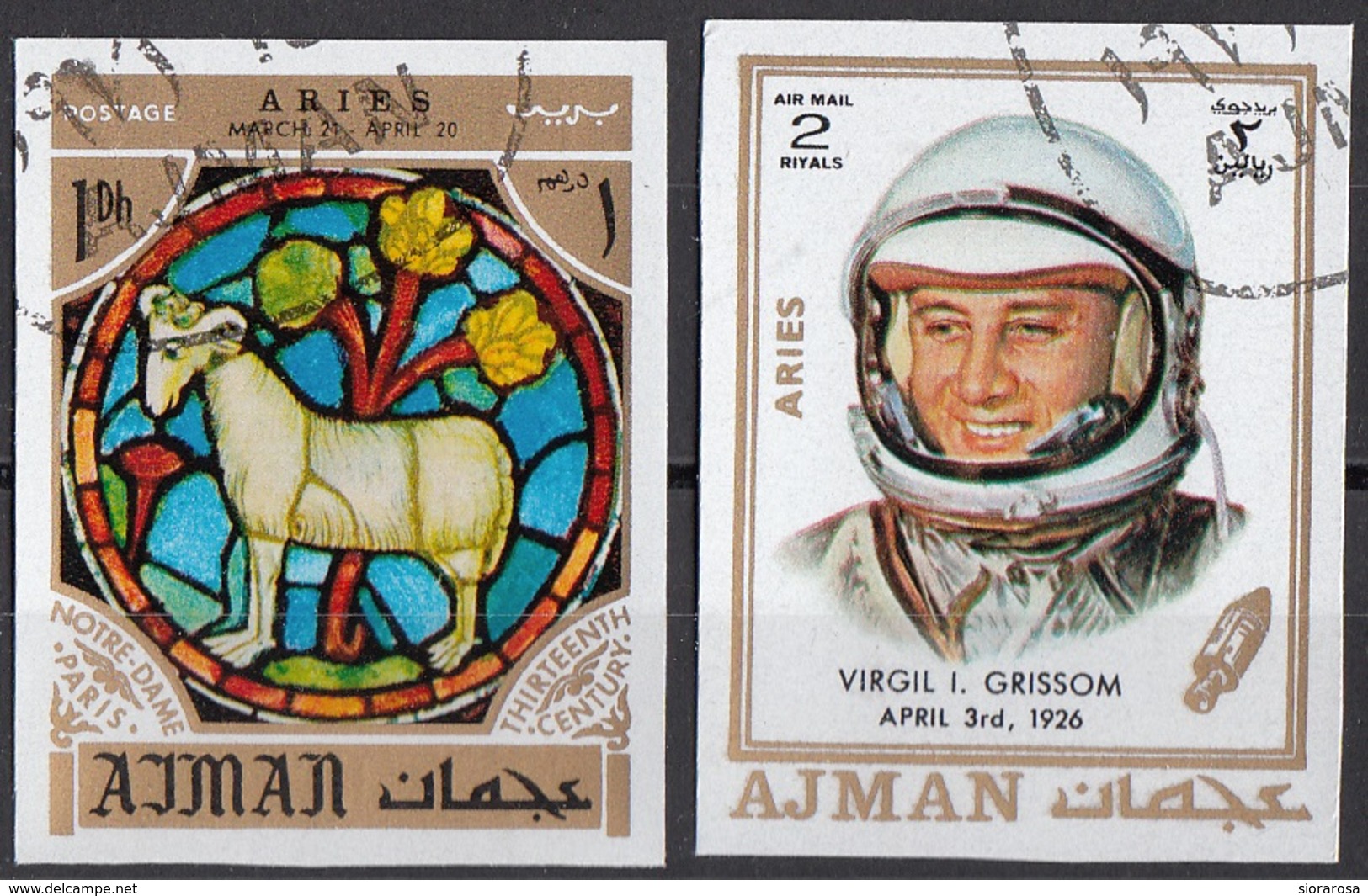 769 Ajman 1971 Astronauta Virgil I. Grissom - Zodiaco Aries Ariete - Stainled Glass Window Vetrata Notre Dame - Astrologia