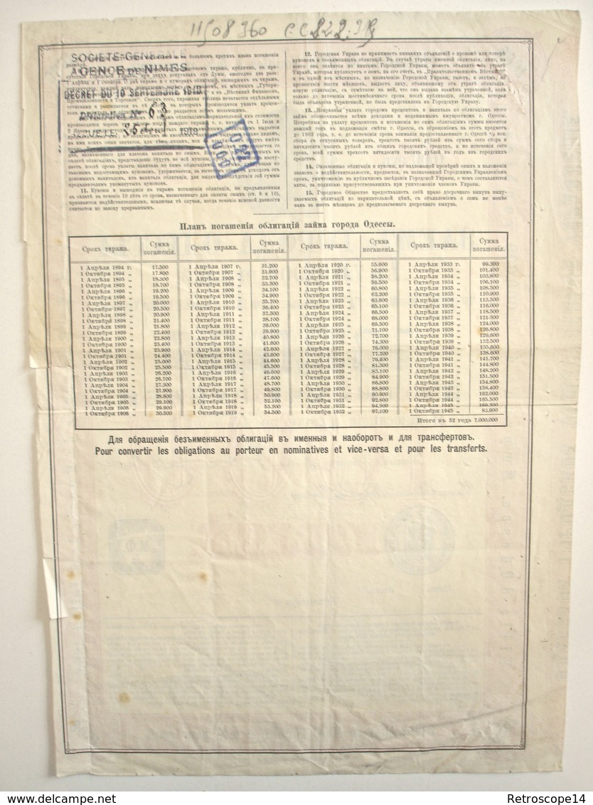 1893 RUSSIE ODESSA Obligation De 1000 Roubles à 4,5% + COUPONS. Société Générale. Russia Loan Bond. - Russie