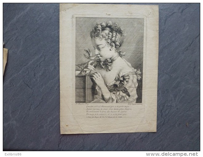 F. BOUCHER, Jeune Fille Avec Un Oiseau, Sylvie,  Gravure ORIGINALE  XVIIIème Chez Huquier  ; Ref 655 G 10 - Prints & Engravings