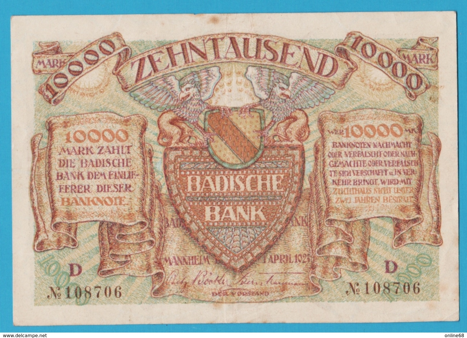 GERMANY BADEN BADISCHE BANK 10.000 Mark 01.04.1923 Serie D No 108706 P# 910 - [11] Local Banknote Issues