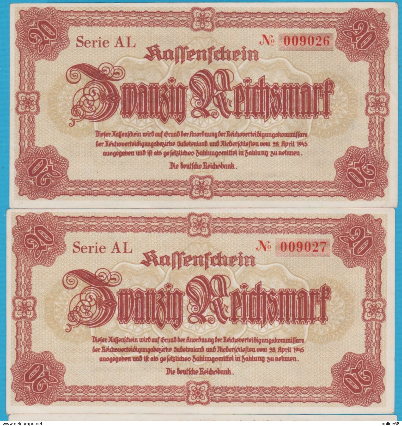 Sudetenland & Niederschlesien 2x 20 REICHSMARK 28.04.1945 SERIE AL 009026+27  P# 187  Reichsbank - 2° Guerre Mondiale