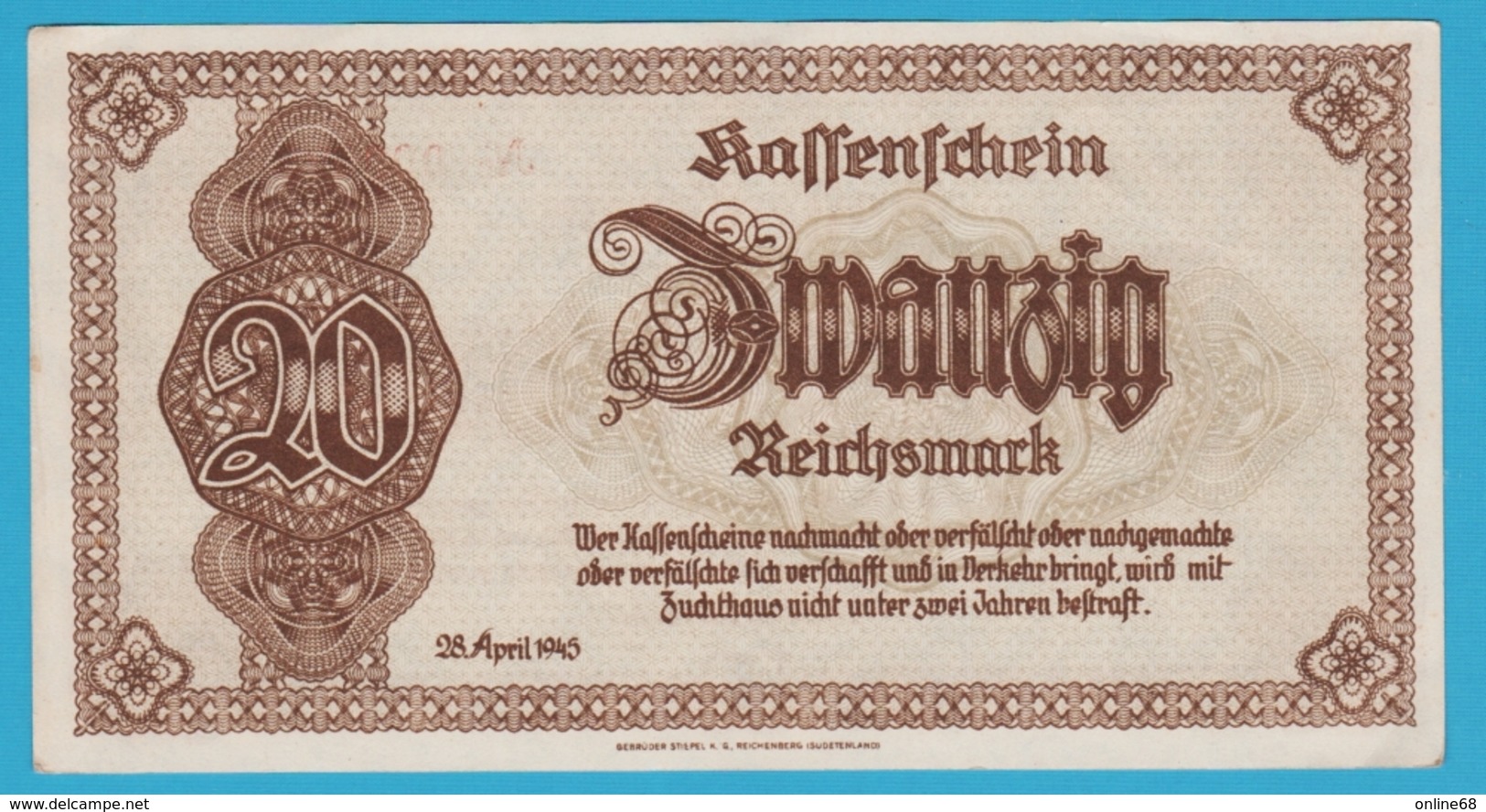 Sudetenland & Niederschlesien 2x 20 REICHSMARK 28.04.1945 SERIE AL 009026+27  P# 187  Reichsbank - WW2