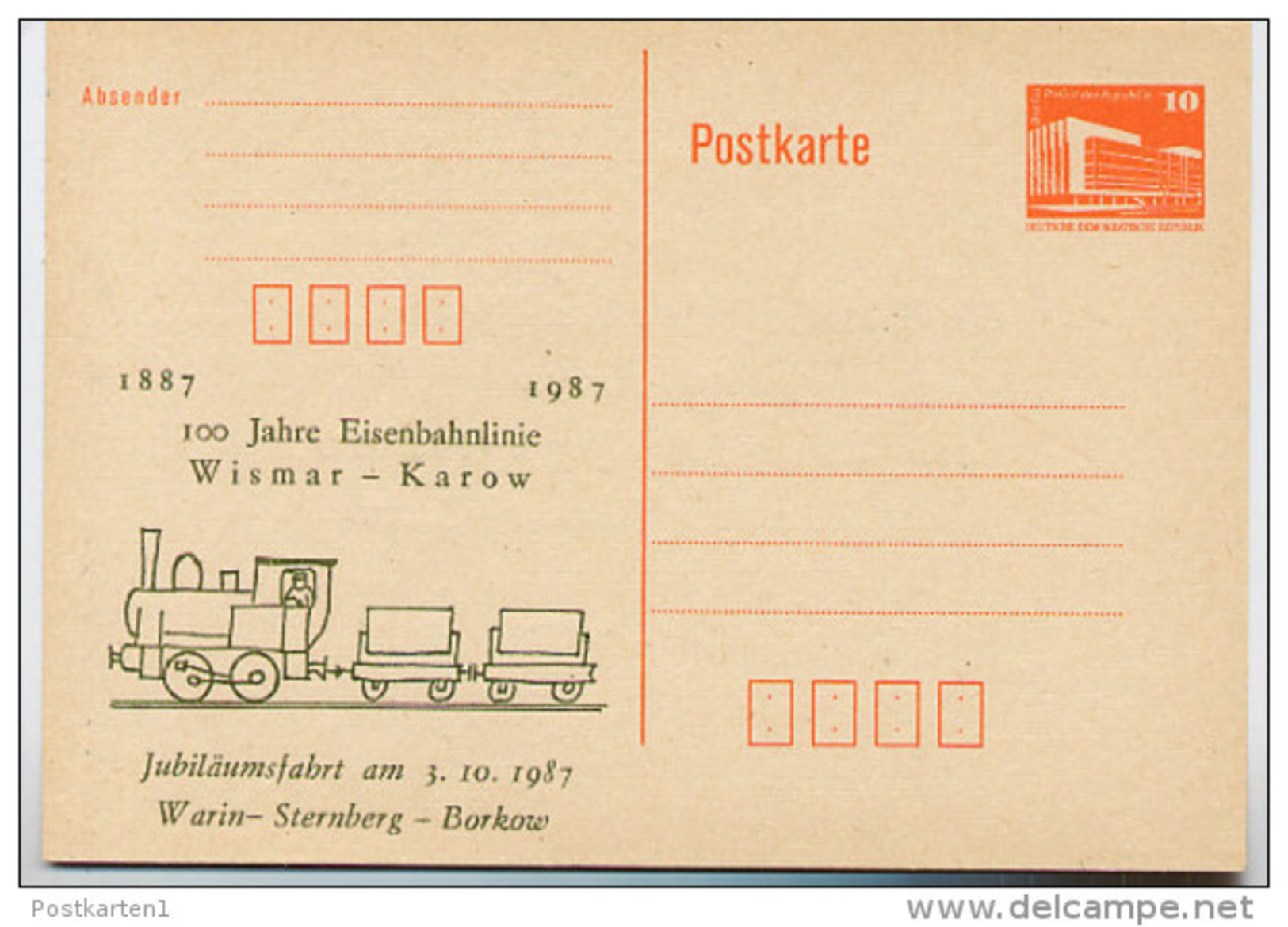 DDR P86I-20-87 C20 Postkarte Privater Zudruck 100 J. EISENBAHN WISMAR-KAROW 1987 - Cartoline Private - Nuovi