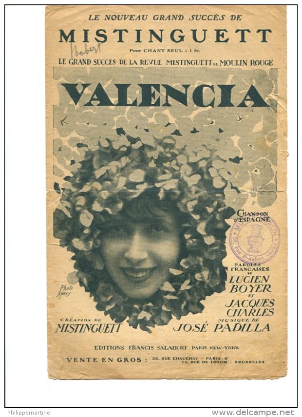 Valencia Par Mistinguett - Editions Francis Salabert - Copyright 1925 - Chant Soliste