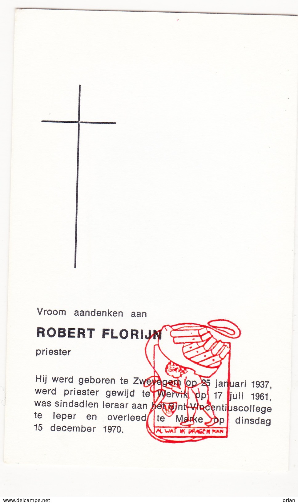 DP Foto EH Pastoor Priester Robert FLORIJN - Zwevegem Wervik Ieper Marke - Imágenes Religiosas