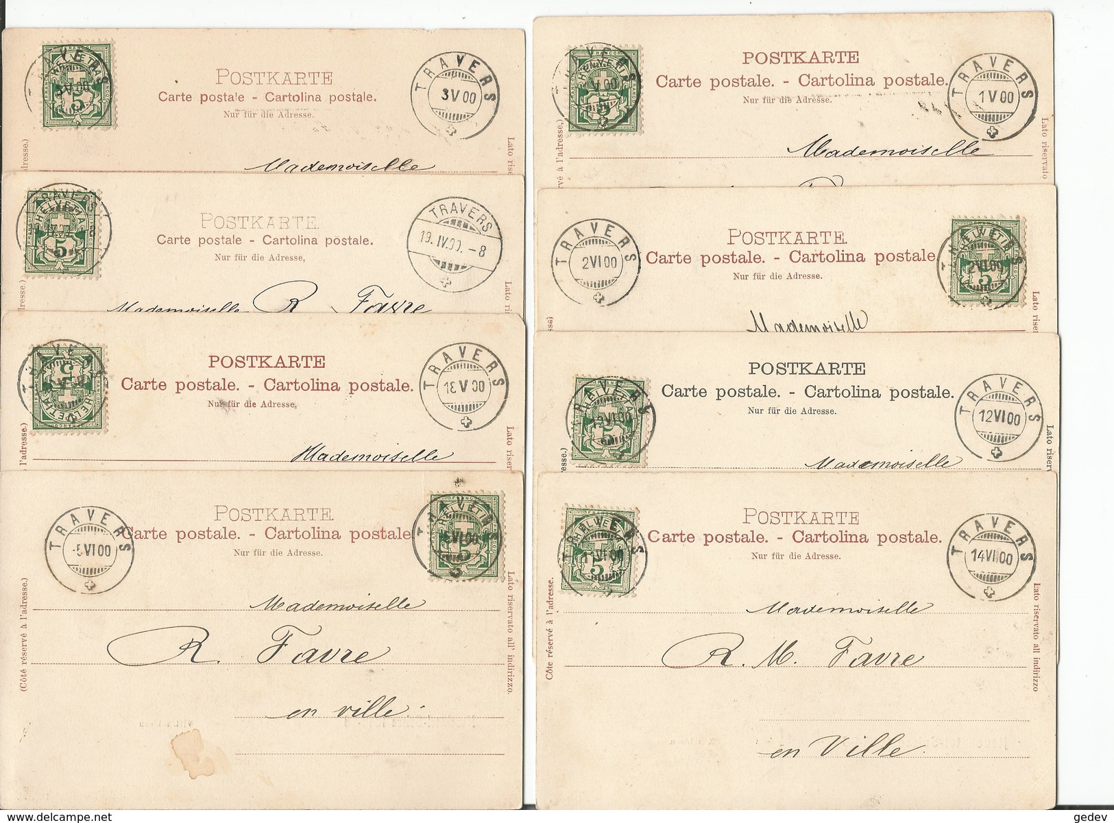 Neuchâtel - Suisse 1848-98, Théatre, 8 Cartes, 8 Tableaux Avec Cachet TRAVERS Juin 1900 - Travers
