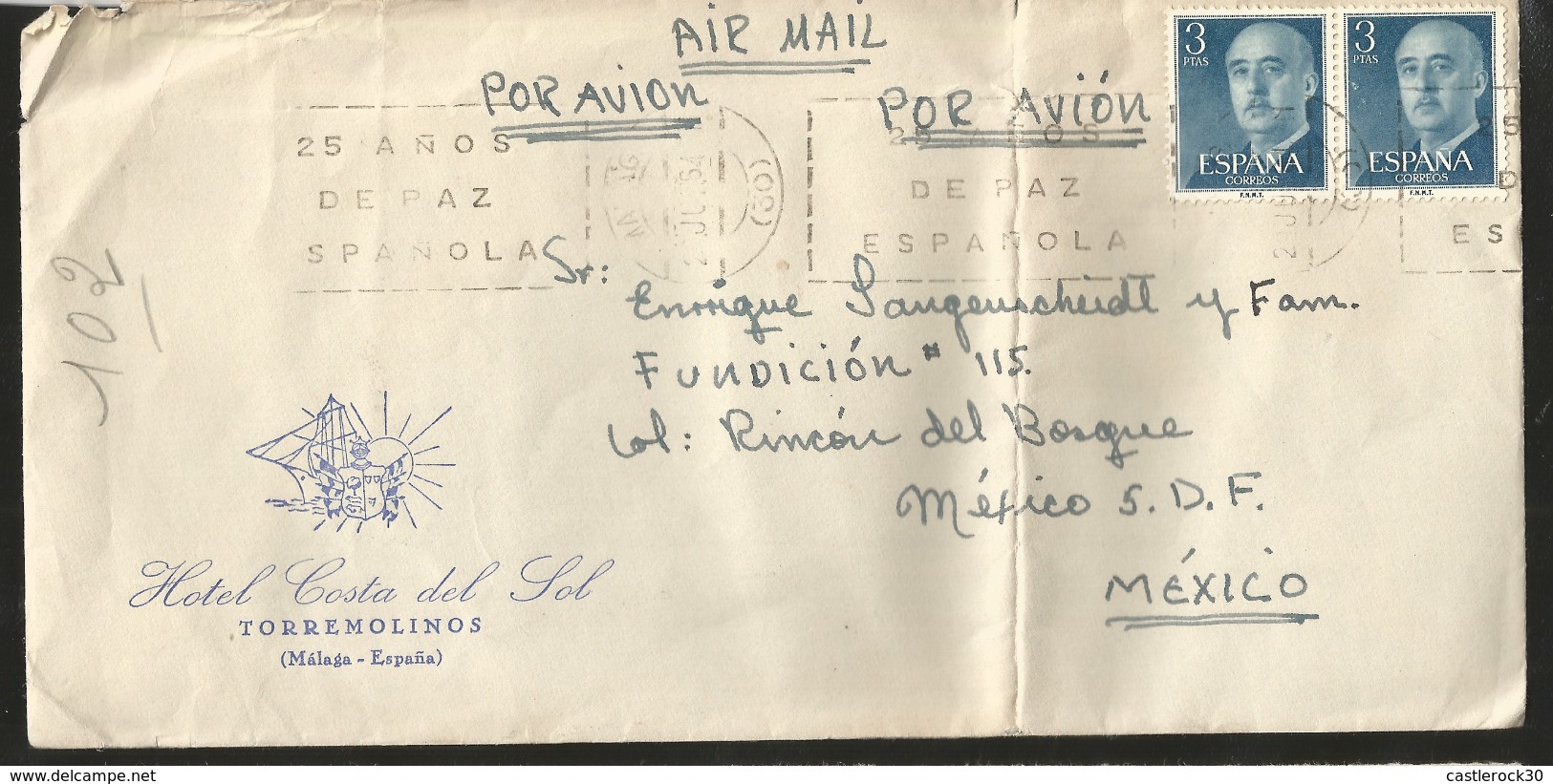 J) 1964 SPAIN, GENERAL FRANCO, WITH SLOGAN CANCELLATION, AIRMAIL, CIRCULATED COVER, FROM SPAIN TO MEXICO - Lettres & Documents