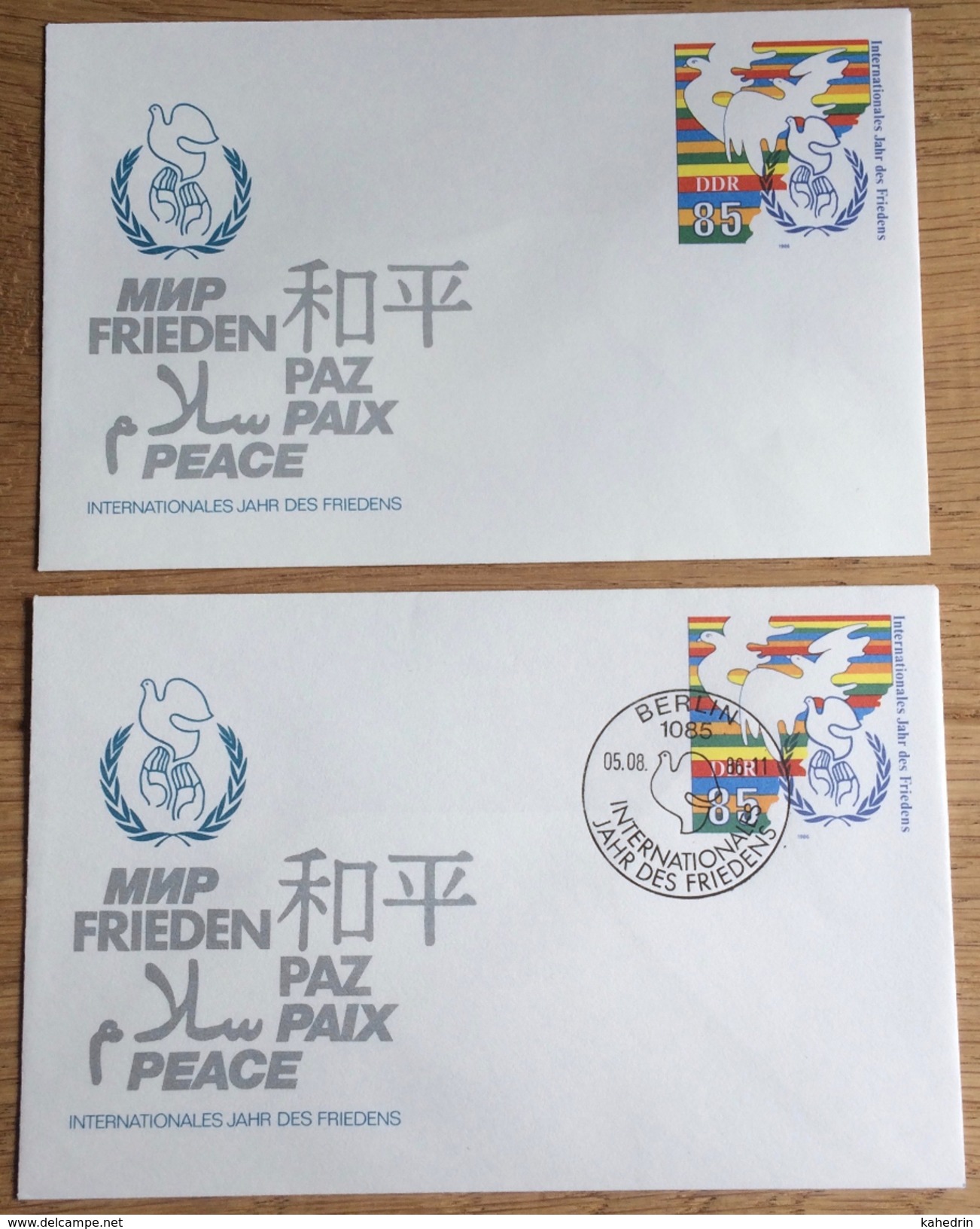 DDR 1986, Berlin 1085, 2 Covers, Special Cancel: Jahr Des Friedens Paz Paix Peace Dove ** / (o) - Umschläge - Gebraucht