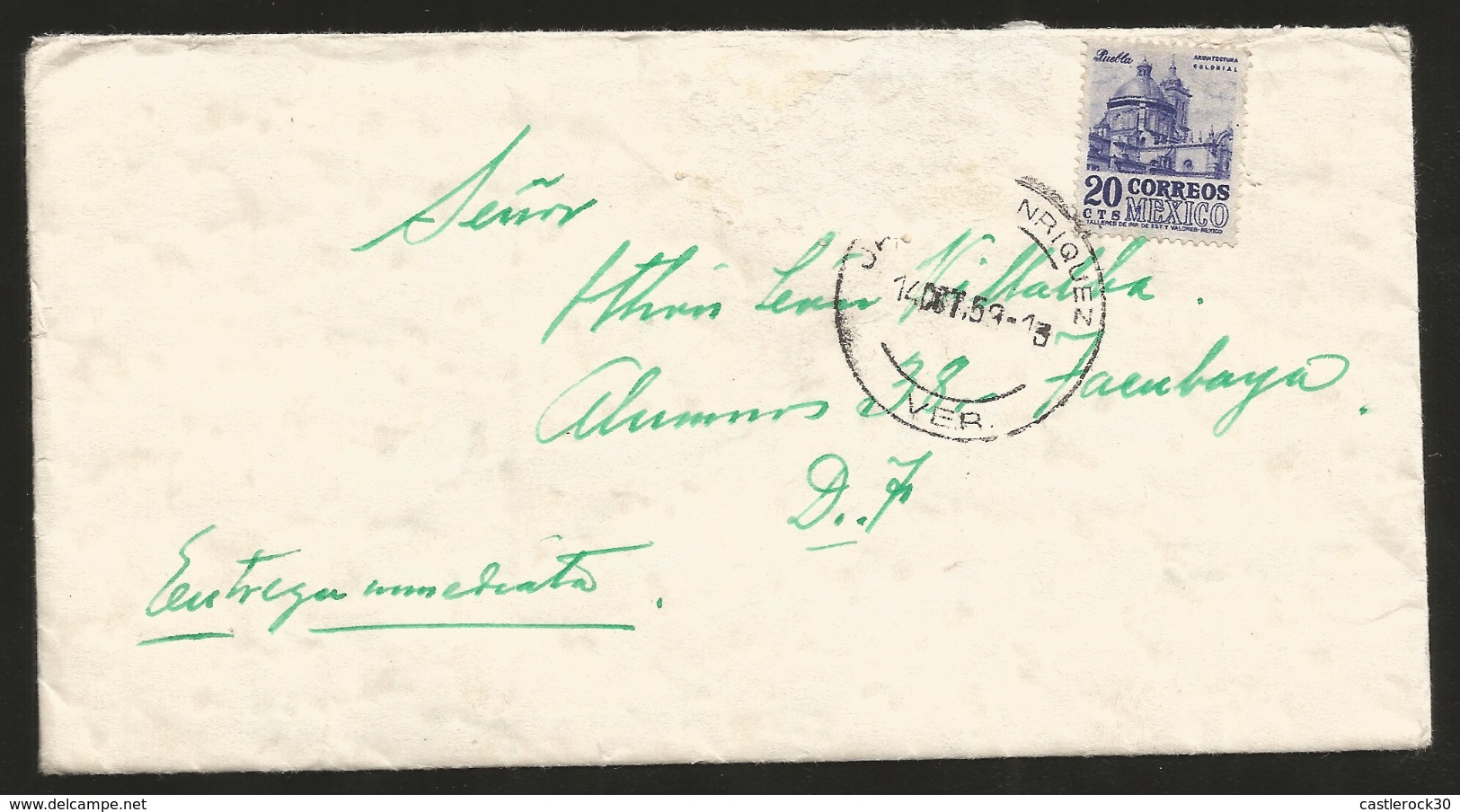 J) 1953 MEXICO, COLONIAL ARCHITECTURE OF PUEBLA, COMPLETE LETTER IN GREEN, AIRMAIL, CIRCULATED COVER, INTERIOR MAIL WITH - Mexico