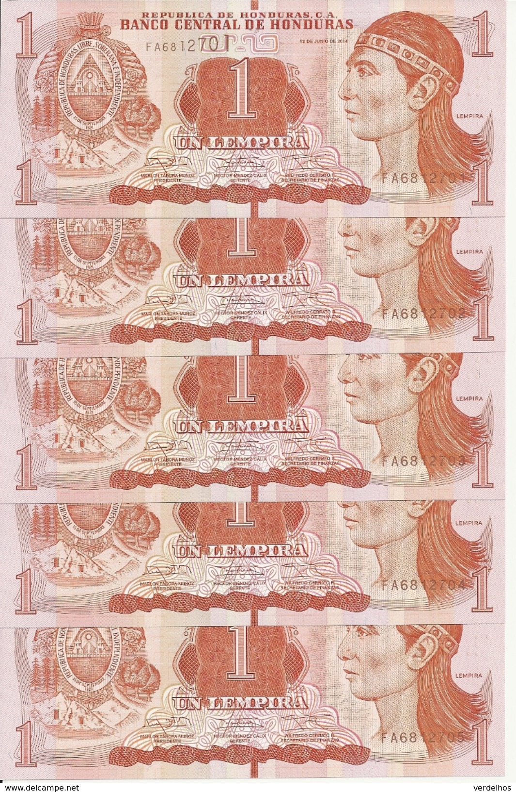 HONDURAS 1 LEMPIRA 2014 UNC P 89 NEW ( 5 Billets ) - Honduras