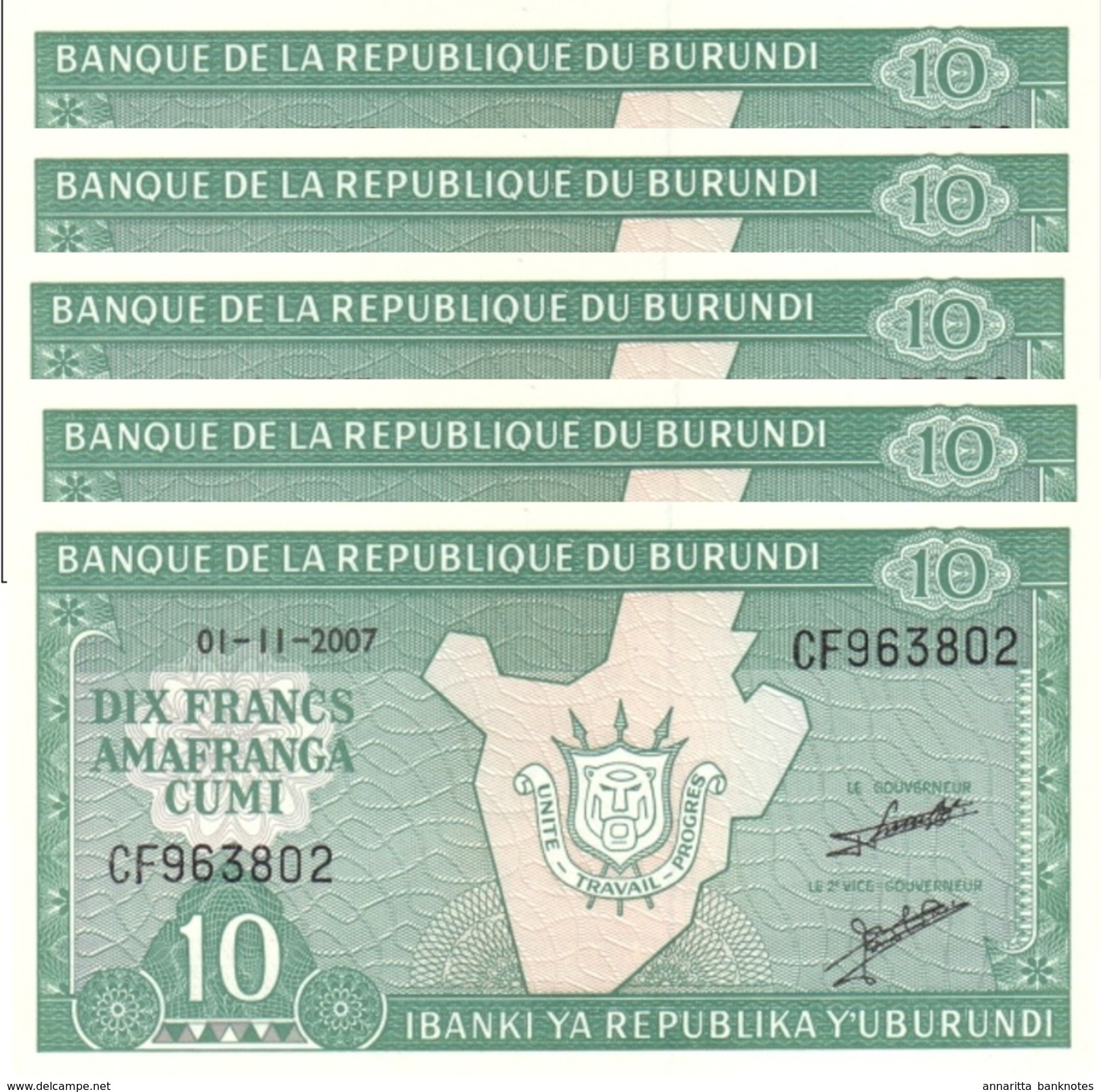 Burundi (BRB) 10 Francs 2007 UNC 5 Pcs Cat No. P-33e / BI214l - Burundi