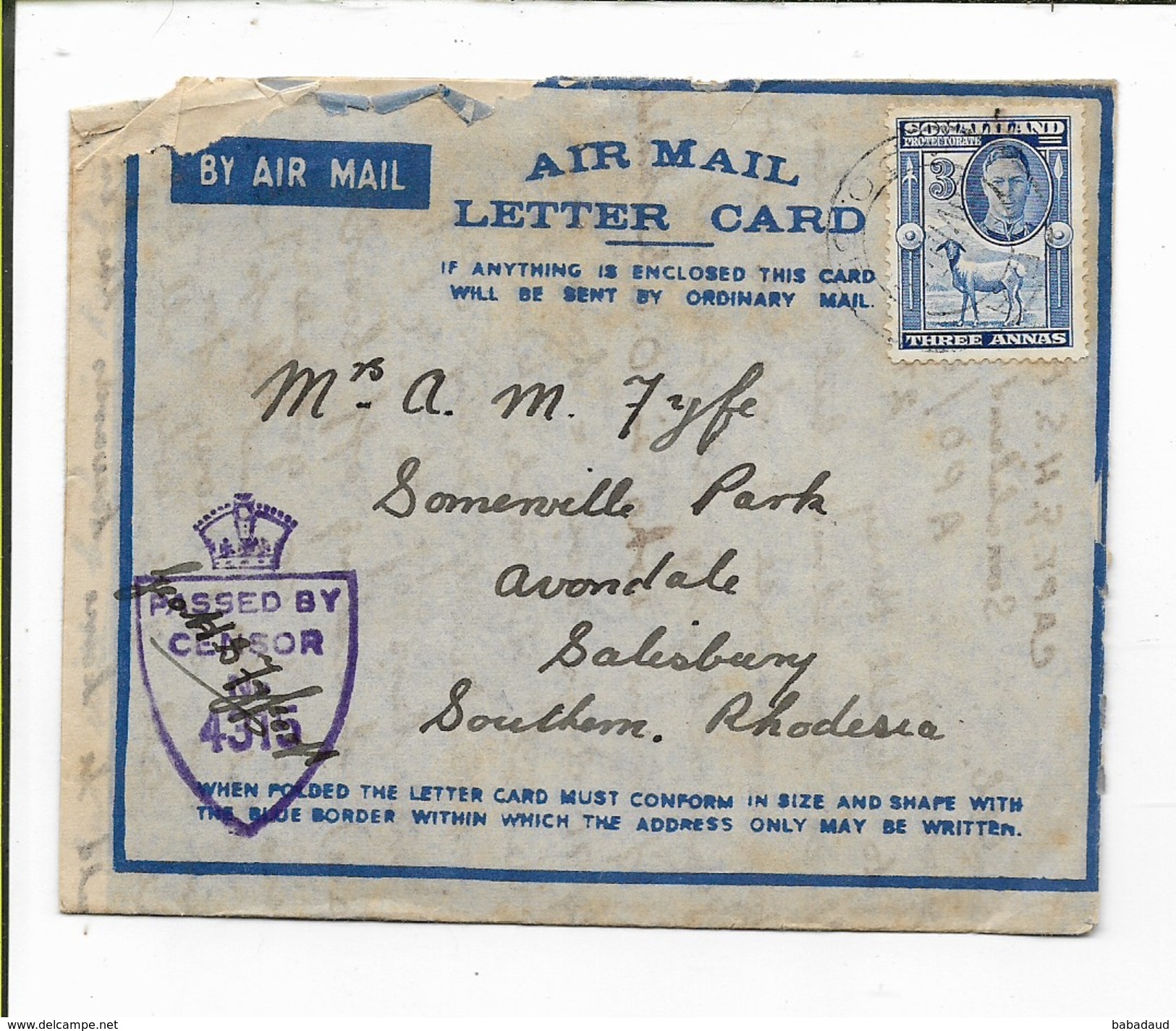 Somaliland Camel Corps  Air Letter 1944, E.A. A.P.O. 65 (Hargeisa Camp), Censor 4315 > S. Rhodesia - Somaliland (Protectorate ...-1959)