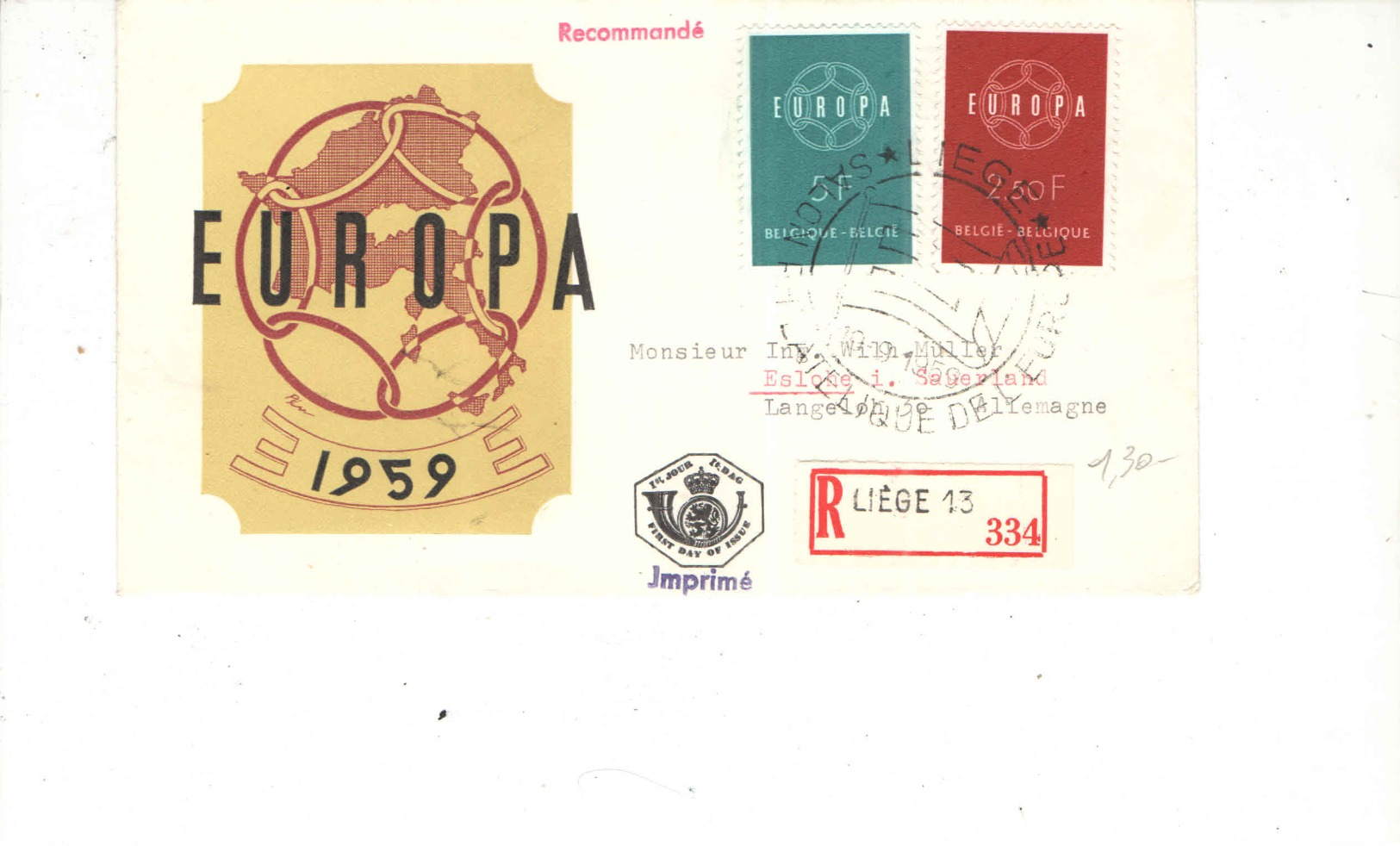 Belgio 1959 FDC Cept Europa See Scan - 1951-1960