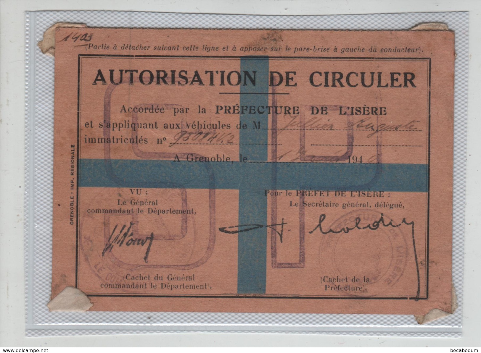 Autorisation De Circuler   Grenoble Dolomieu 1940 Jullien - Autres & Non Classés