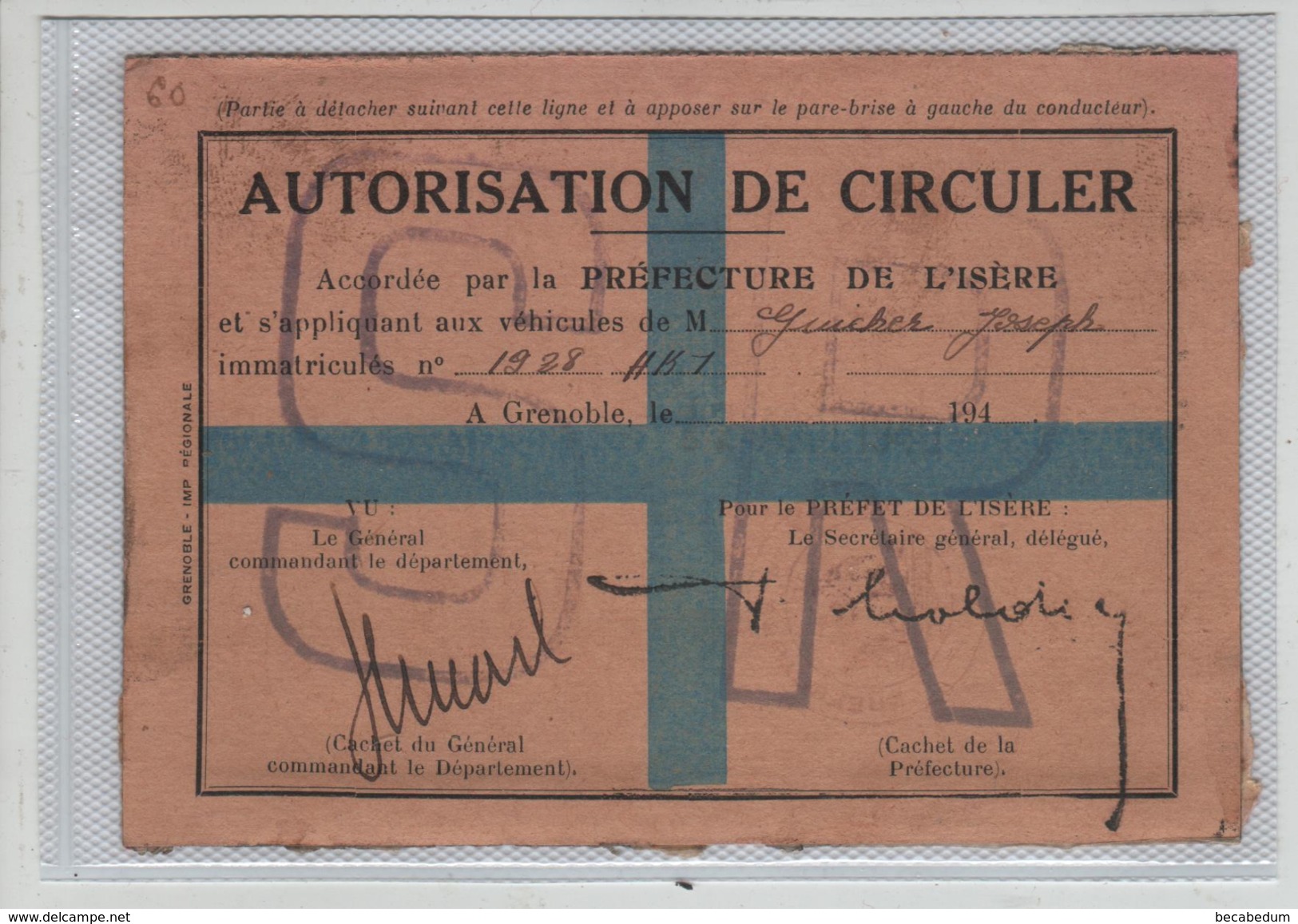 Autorisation De Circuler   Grenoble Dolomieu 1940 Guicherd - Sonstige & Ohne Zuordnung