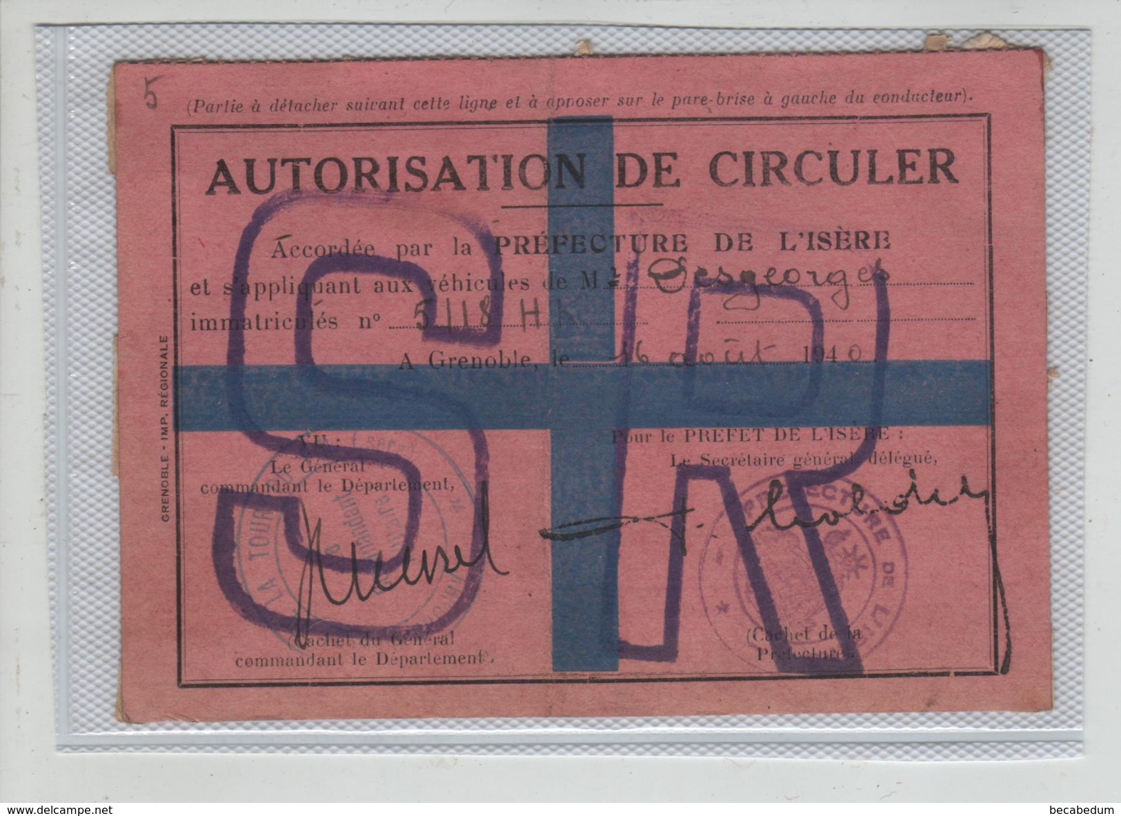 Autorisation De Circuler   Grenoble Dolomieu 1940 Desgeorges - Non Classés
