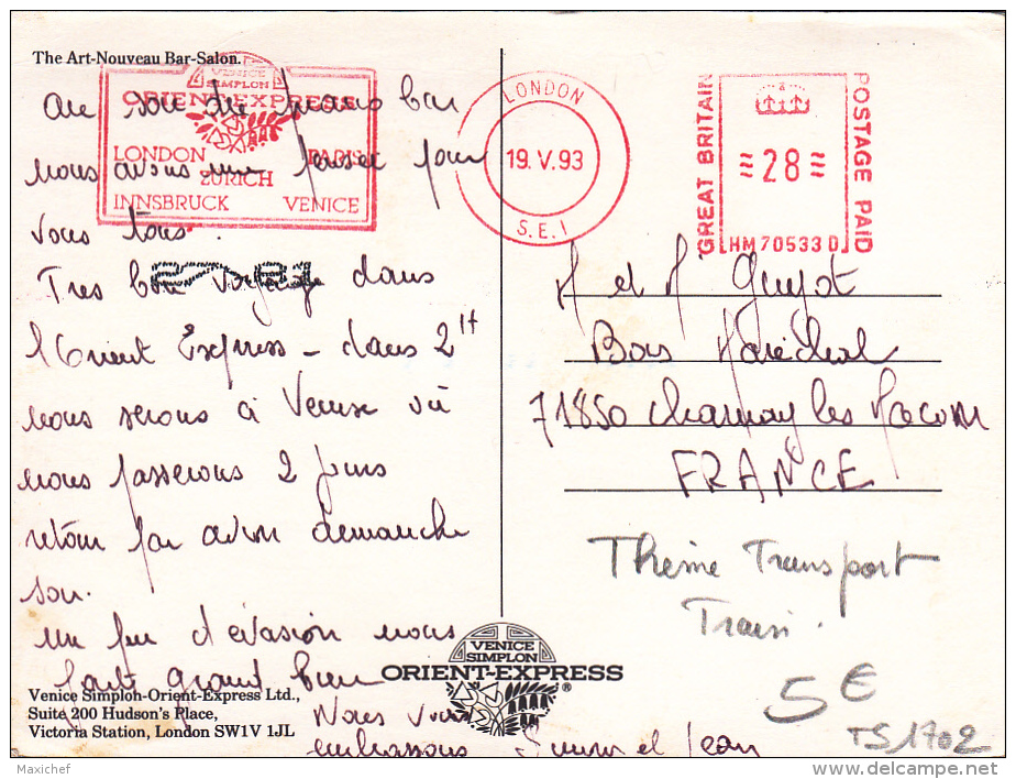 EMA "Orient Express - London - Paris - Zurich - Innsbruck - Venice" Circ 1993 Sur CP The Art Nouveau Bar Salon - Treinen