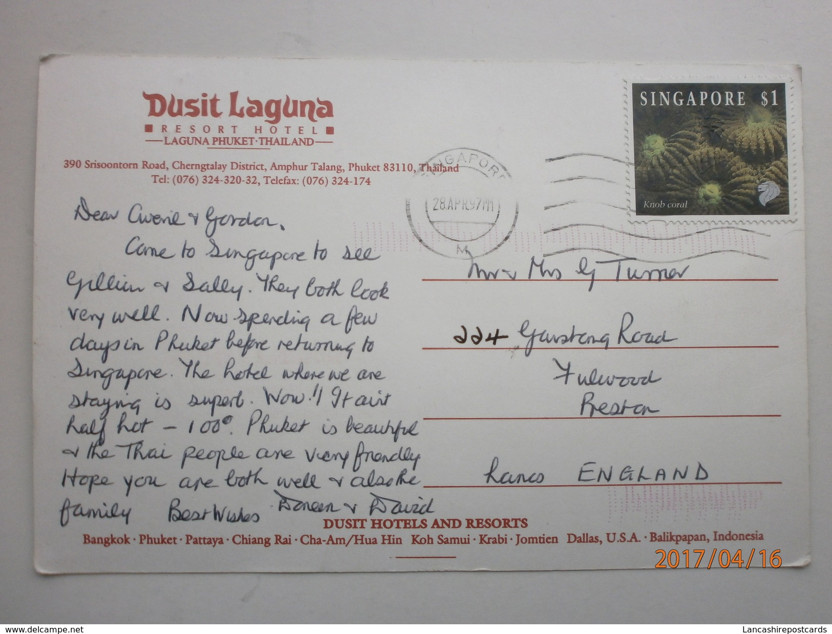 Postcard Dusit Laguna Resort Hotel Phuket Thailand Postally Used 1997 With Singapore Stamp & Cancel My Ref B21055 - Thailand