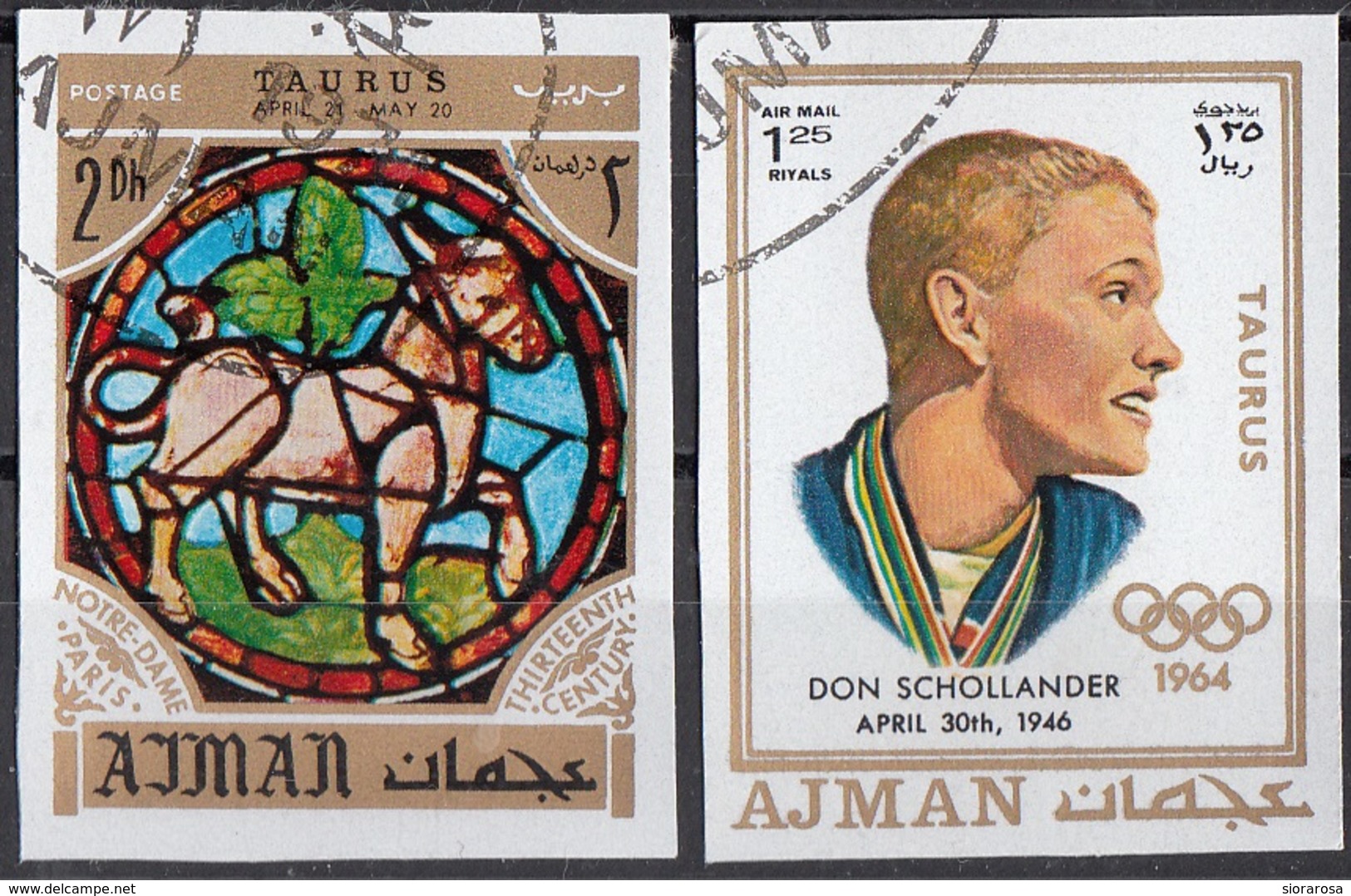 770 Ajman 1971 Nuoto Don Scollander - Zodiaco Taurus Toro - Stainled Glass Window Vetrata Notre Dame - Astrologia