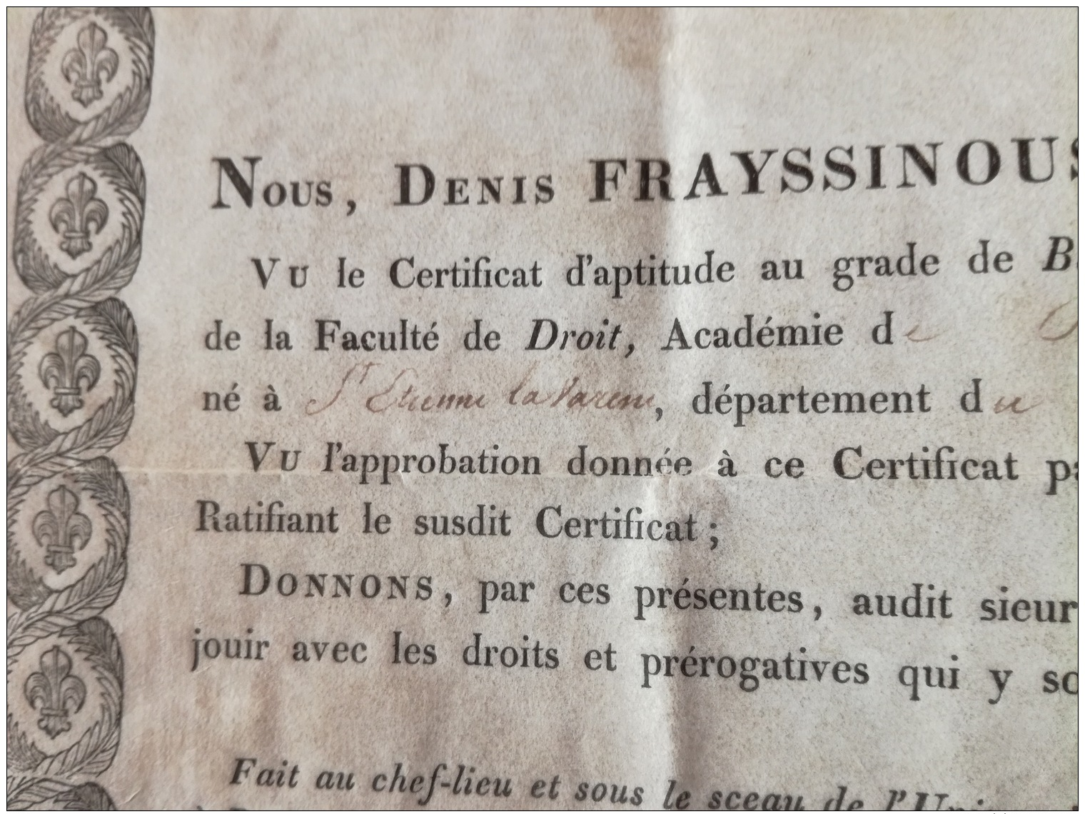 CUVIER (Geoges) , Sur Dipôme De Bachelier En Droit, 1823, En Faveur Durieu Né à St Etienne La Varenne. - Autres & Non Classés