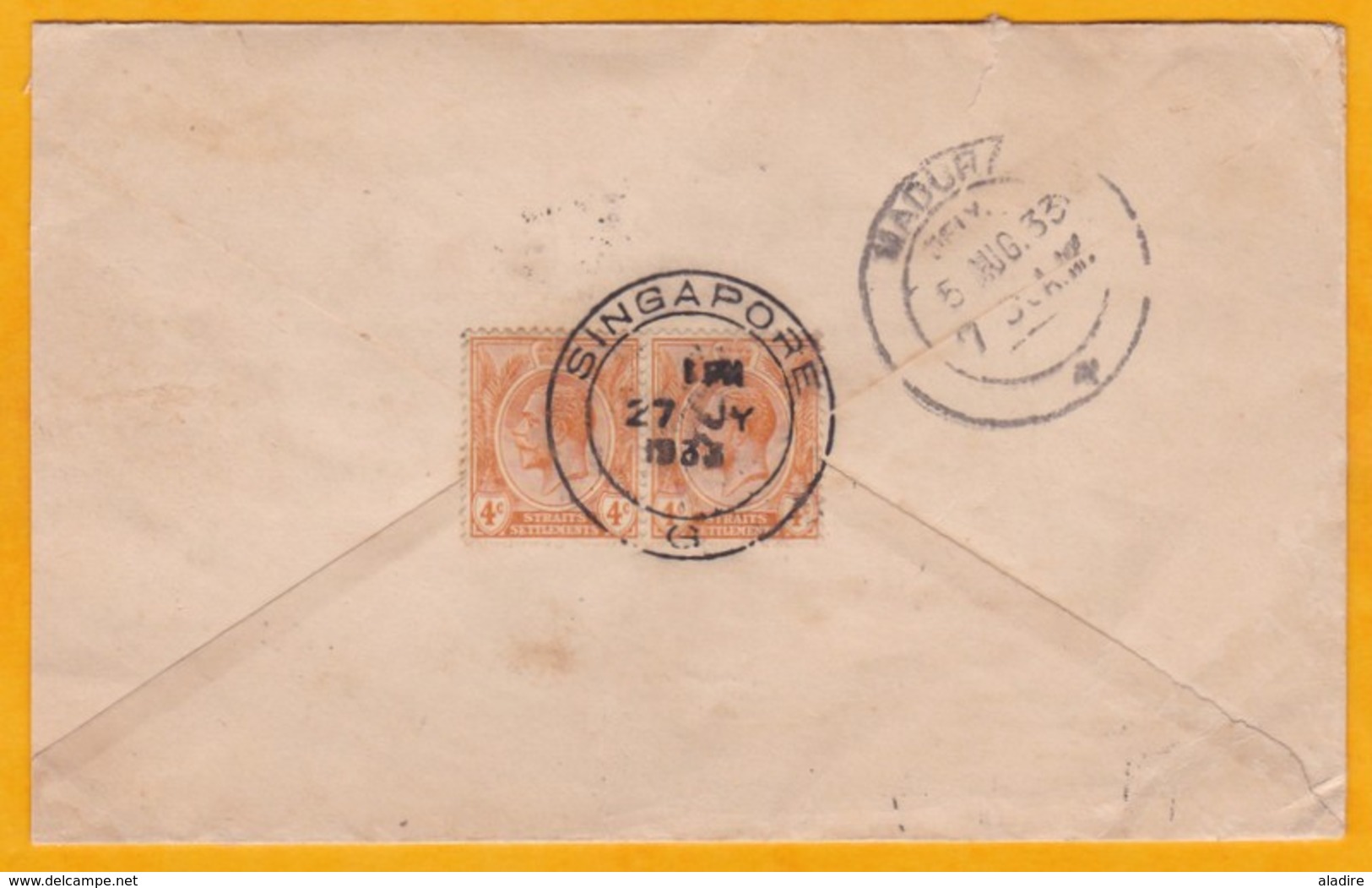 1933 - Enveloppe De Singapour, Singapore Vers Madura, Madurai, Inde Via Colombo, Ceylan, Sri Lanka - Cad Arrivée - Singapur (...-1959)