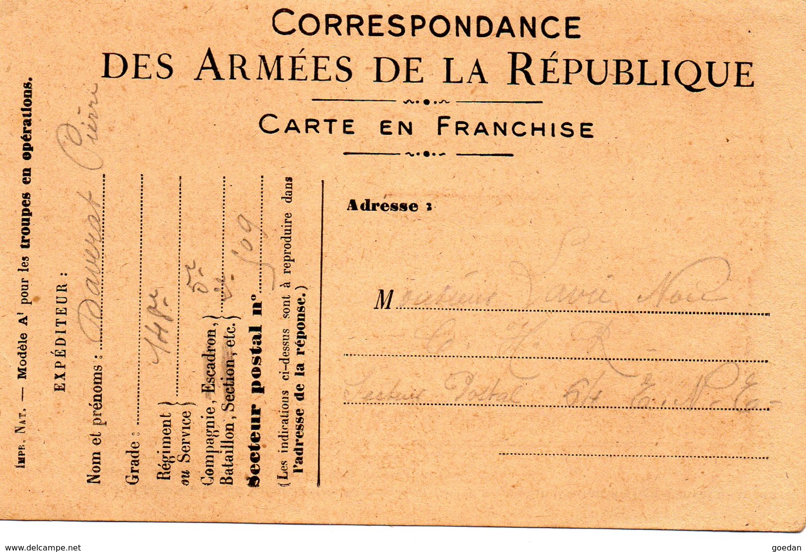 CARTE EN FRANCHISE - Correspondance Des Armées De La République écrite Le 29 Septembre 1916 - 1914-18