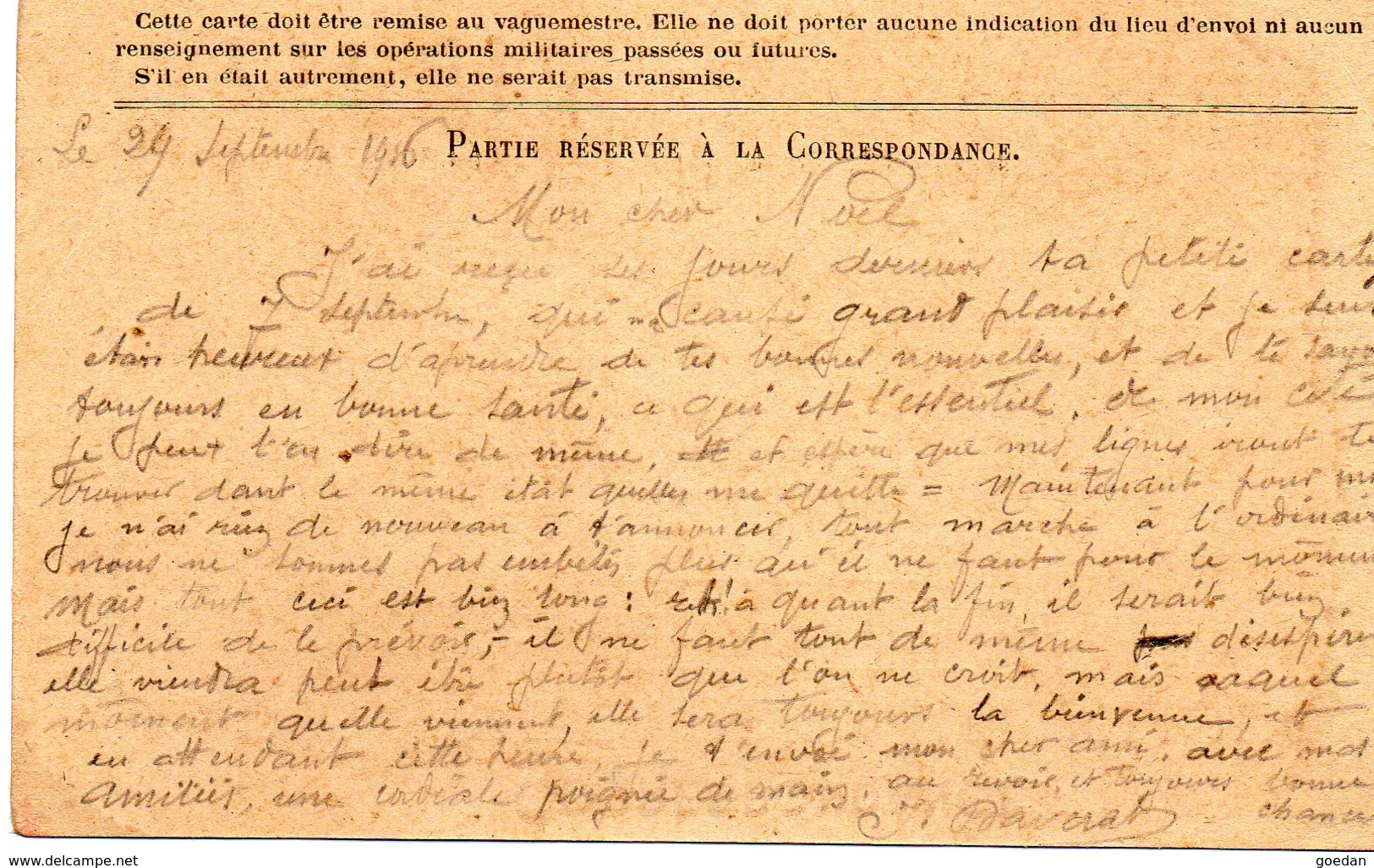 CARTE EN FRANCHISE - Correspondance Des Armées De La République écrite Le 29 Septembre 1916 - 1914-18