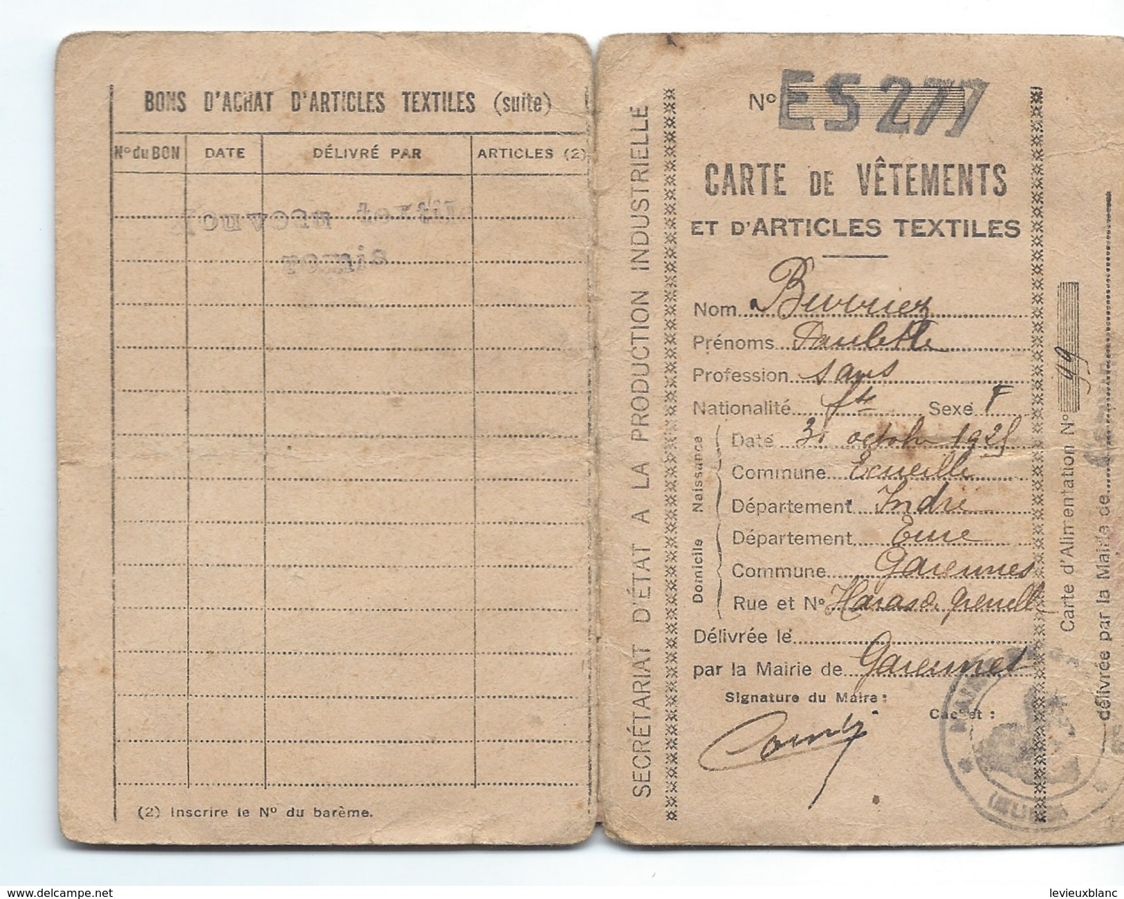 Carte De .vêtements Et D'Articles Textiles/Sec.d'Etat à La Production Industr./Garennes/Eure/Burriez/1946 OL93 - 1939-45