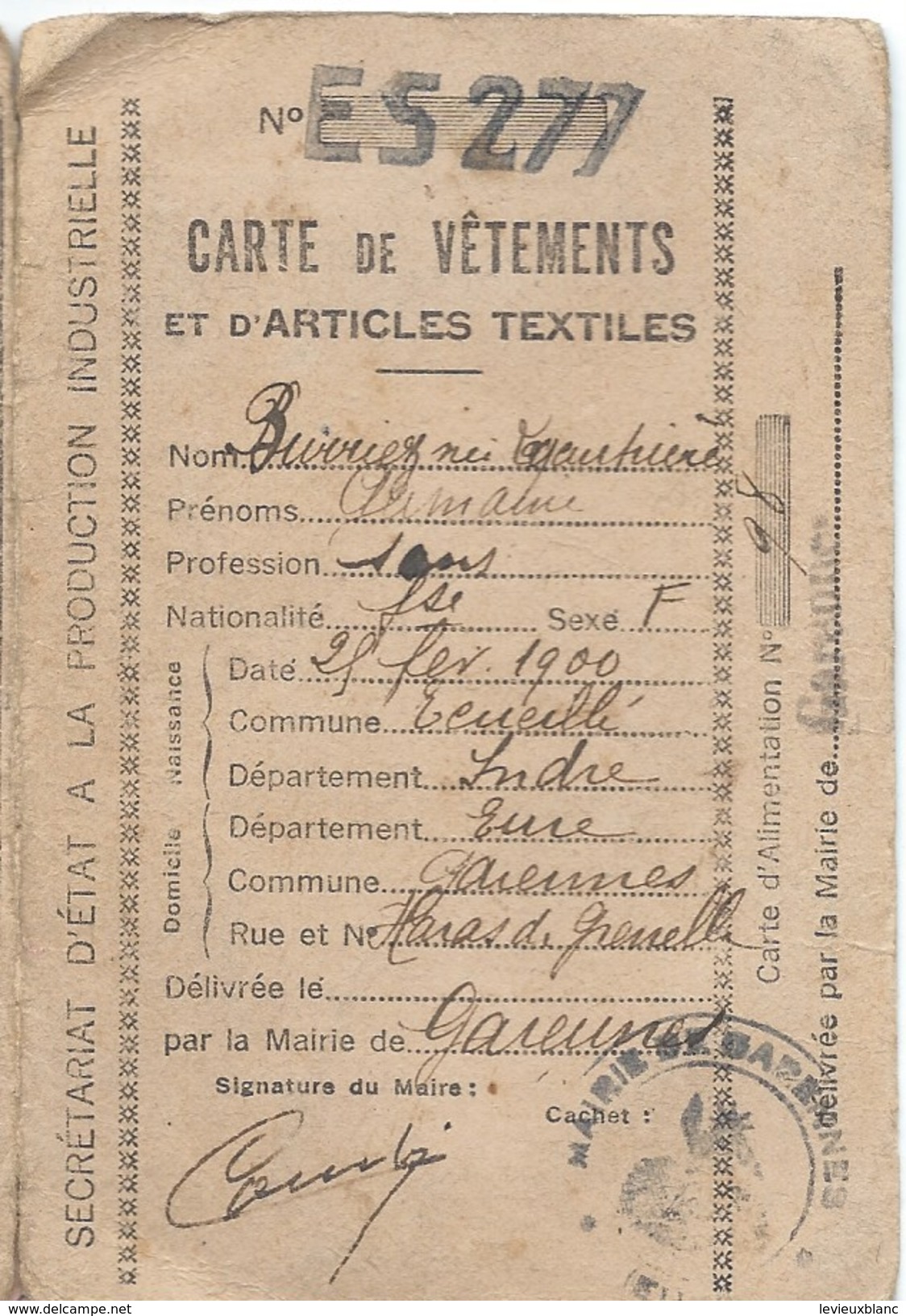 Carte De .vêtements Et D'Articles Textiles/Sec.d'Etat à La Production Industr./Garennes/Eure/Burriez/1946 OL94 - 1939-45