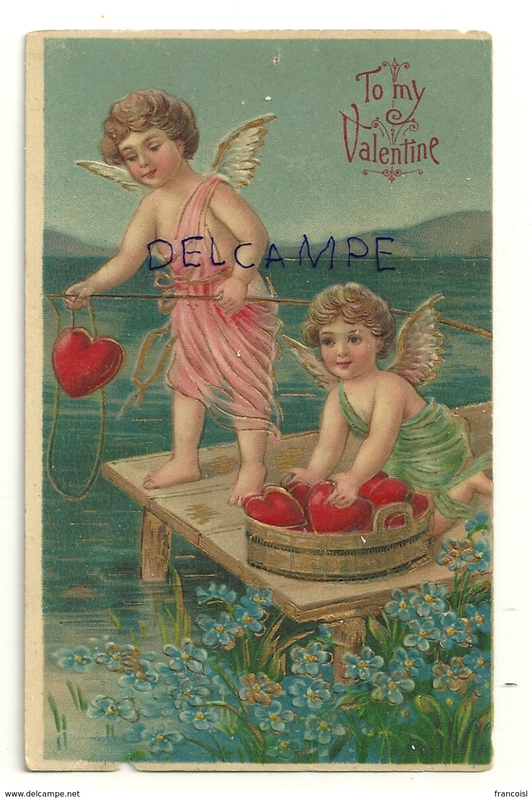 To My Valentine. Deux Anges Qui Pechent Des Coeurs. Dorée. Relief 1909 ??? - Saint-Valentin