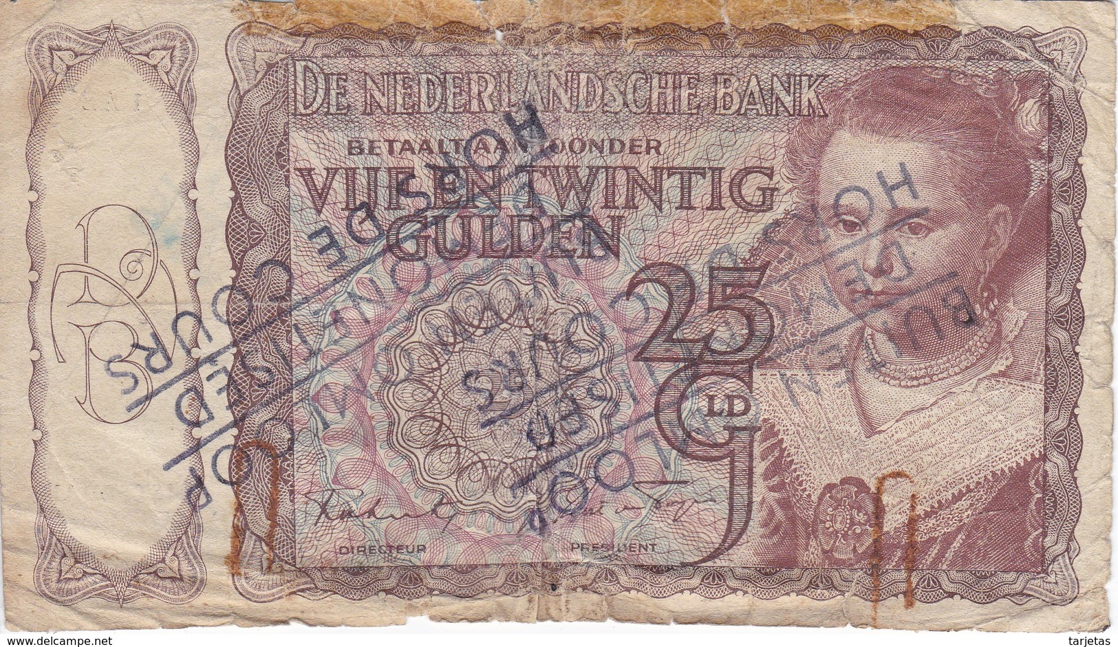 BILLETE DE HOLANDA DE 25 GULDEN DEL AÑO 1943 CON RESELLO DESMONETIZADO Y FUERA DE CURSO LEGAL (BANKNOTE) RARO - 25 Florín Holandés (gulden)