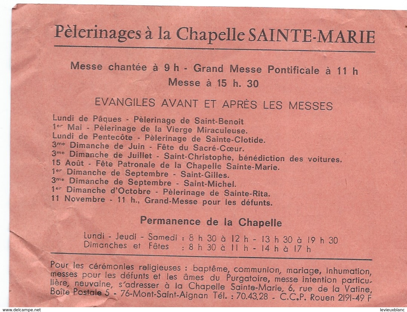 Papillon D'Information/Chapelle Sainte Marie/Mont Saint-Aignan/Pélerinages/Calendrier Des Messes/Zoller/vers1950  CAN298 - Religion & Esotérisme