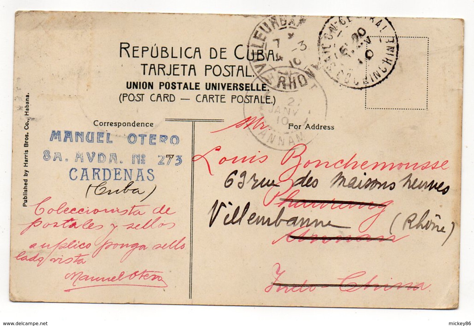 Cuba--SANTIAGO DE CUBA--1909--El Morro N°45 éd Harris Bros--cachets CARDENAS-VILLEURBANNE(France)-PHAN RANG(Vietnam) - Kuba