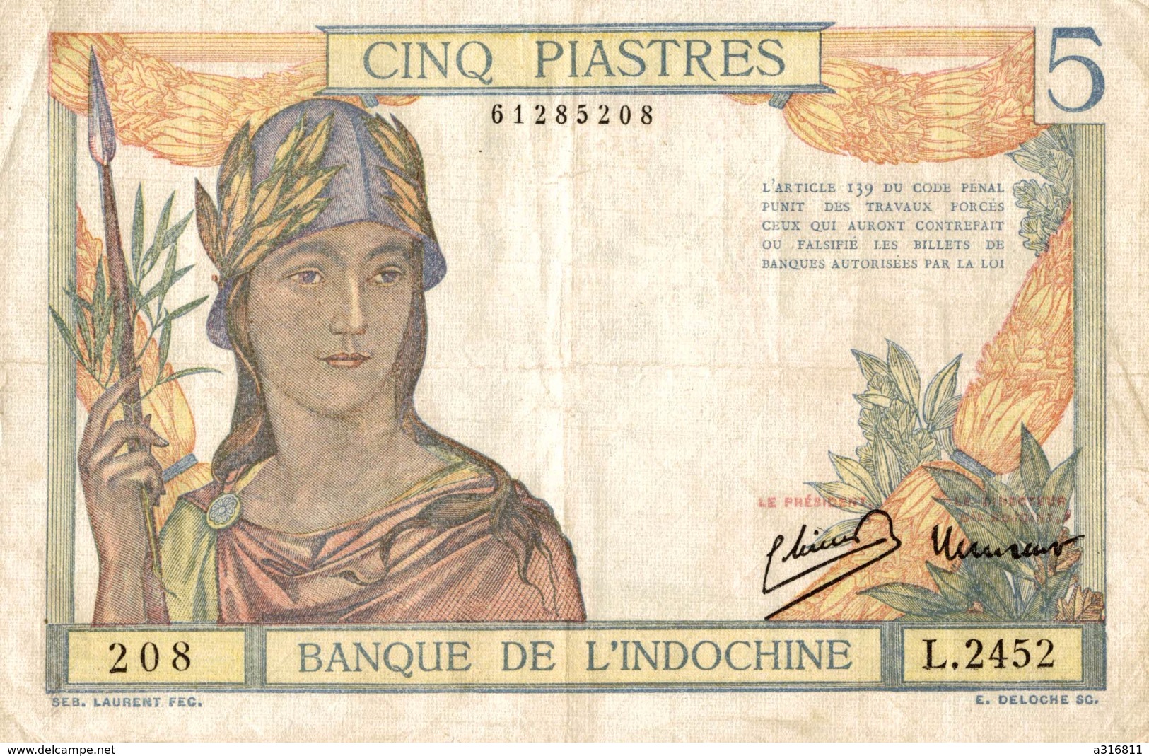 BANQUE DE L INDOCHINE   CINQ PIASTRES - Indochina