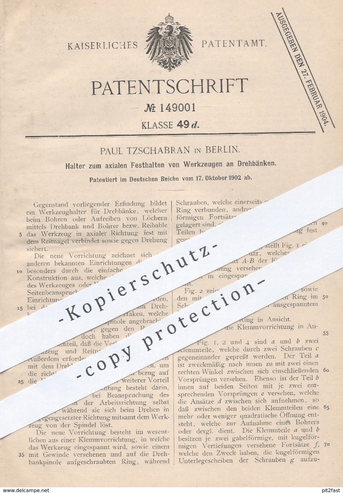 Original Patent - Paul Tzschabran , Berlin , 1902 , Festhalten Von Werkzeug An Drehbank | Dreher , Metall , Holz !!! - Historische Dokumente